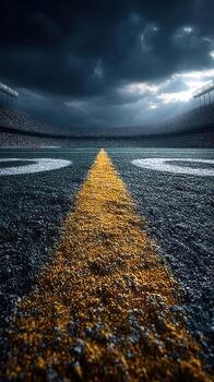Stadium field with yellow yard line highlighted under an overcast sky photo