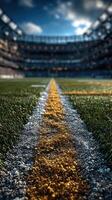 Football field close-up showcasing yard lines and goalposts during a sunny afternoon at a stadium photo
