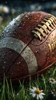 Rain-soaked football rests on dewy grass with wildflowers, capturing the essence of a cool autumn afternoon photo