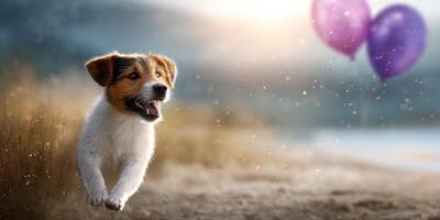 Happy dog running in a sunny field with colorful balloons floating in the background photo
