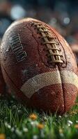Football resting on wet grass with droplets reflecting sunlight during a chilly early morning photo