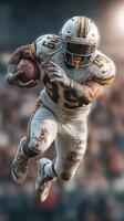 Football player sprinting downfield in muddy uniform during an intense game at a packed stadium photo