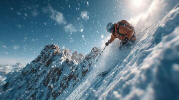 Skiing down a snowy mountain slope during a sunny day in the Alps with breathtaking scenery all around photo