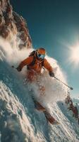 Skiing down a snowy mountain slope under a bright sun photo