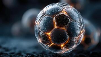 Soccer ball highlighted with glowing effects against a blurred background in a dark setting photo