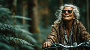 Elderly woman cycling through a tranquil forest with vibrant greenery in a serene setting during daylight hours photo