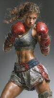 Female boxer training intensely in a gym with determination and focus during the afternoon photo
