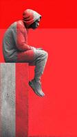 Person sitting on a ledge wearing a hoodie while contemplating the vibrant red background at sunset photo