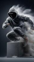 Athlete in motion jumps from a concrete pedestal while surrounded by clouds of dust and debris in a dynamic urban setting photo