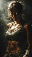 Strong female boxer training intensely in a dimly lit gym with a dramatic atmosphere photo