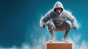 Athlete performing a powerful jump on a block in a dynamic training session in a studio environment photo
