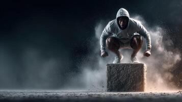 Athlete performing a jump on a block with dust flying in a dramatic indoor setting during a training session photo