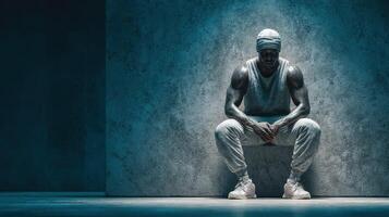 Strong athlete sits contemplatively in a dimly lit room, showcasing determination and focus during a moment of reflection photo