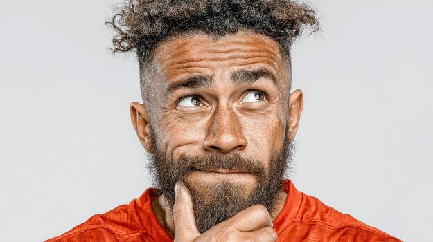 Thoughtful man in red shirt shows curiosity while pondering an important question in a clean studio background photo
