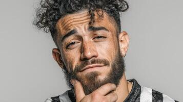 Man with curly hair and beard showing a thoughtful expression against a plain background photo