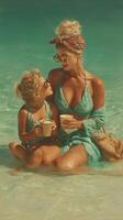 Mother and daughter enjoying tropical beach time together while sipping drinks under the sun photo