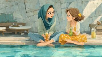 Two friends share refreshing drinks by a tranquil pool on a sunny day in a cozy outdoor setting photo