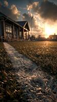 Beautiful sunset over a sports field with a clear line marking the playing area and buildings in the background photo
