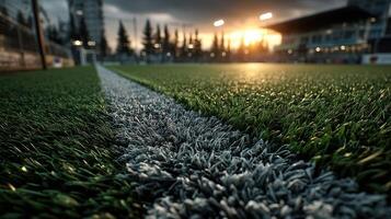 Bright sunset over a sports field with artificial turf and goalposts during evening training session photo