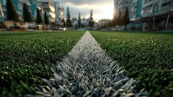 Artificial turf field during early evening with city buildings in the background and dramatic sky photo