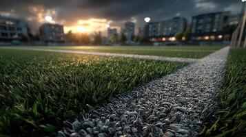Sunset glows over a well-maintained soccer field surrounded by urban buildings during an evening practice session photo