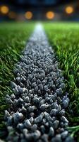 Grass field with a white line marking center path during a sports event in the evening light photo