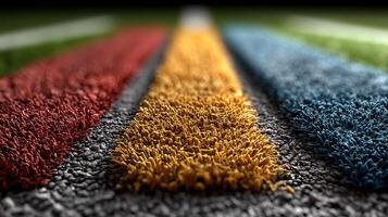 Colorful artificial turf lines on a sports field create a vibrant play area for athletes during the daytime photo