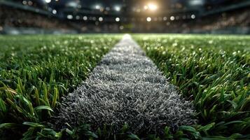 Camera view of a football field highlighting green grass and white markings during a twilight game photo