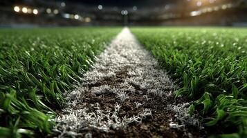 Close view of a well-maintained soccer field marking on a bright evening during a competitive match photo