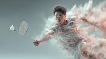 Dynamic badminton player makes a powerful smash in a dramatic action pose capturing the intensity of the sport photo