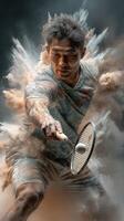 Dynamic badminton player smashes the shuttlecock amidst a vibrant cloud of dust in a dramatic indoor setting during a competitive match photo