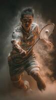 Dynamic badminton player showcasing skill in dramatic lighting during intense match photo