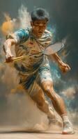 Badminton player in action during indoor match with dynamic movements and colorful effects photo