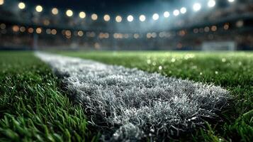 Close-up view of a soccer field line during a night game with stadium lights illuminating the grass photo