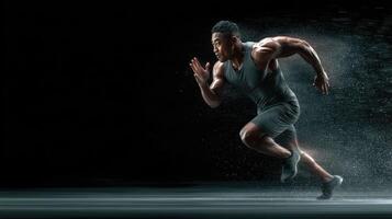 Athlete sprinting with powerful energy in a dynamic running pose during a training session indoors photo