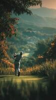 Golfer takes a swing on a scenic landscape during sunset on a lush golf course photo