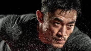 Intense workout session showcasing determination and strength in a fitness environment photo