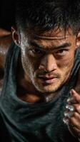 Intense athlete pushing limits during evening workout in urban setting photo