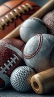 Collection of various sports balls and a bat arranged artistically on a textured surface photo