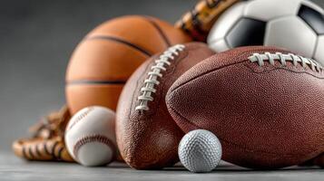 Various sports balls arranged together in a close-up view showcasing diversity in athletics and games at a modern setting photo