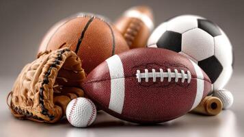 Various sports balls and equipment arranged creatively on a contrasting surface photo