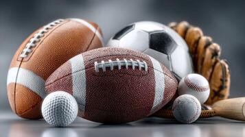 Variety of sports balls arranged artistically on a dark background in a studio setup during a creative display photo
