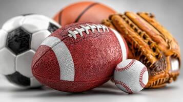 Collection of various sports balls and equipment on a neutral background photo