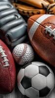Collection of various sports balls including football, baseball, basketball, and soccer displayed together on a textured surface photo
