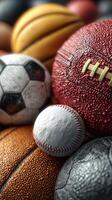Different types of sports balls collected together showcasing their textures and colors in a close-up arrangement photo
