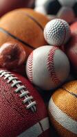 Colorful assortment of sports balls including basketballs, baseballs, and footballs arranged together in a visually appealing manner photo