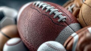 Different types of sports balls including football, basketball, and soccer arranged closely in a dynamic display photo