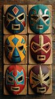 Colorful lucha libre masks displayed on wooden boards, showcasing intricate designs and cultural significance in a vibrant setting photo