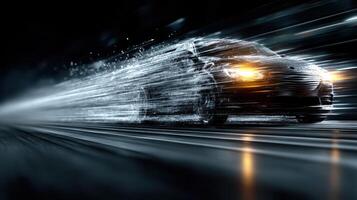 Speeding vehicle illuminated by motion blur in a dark urban environment during nighttime photo