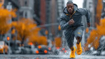 Man runs swiftly through wet urban streets during a rainy day while wearing athletic gear and bright sneakers photo